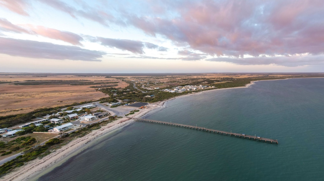 Aerial view of marion bay jetty at sunset with beautiful ocean and scenic shoreline, yorke peninsula, australia.