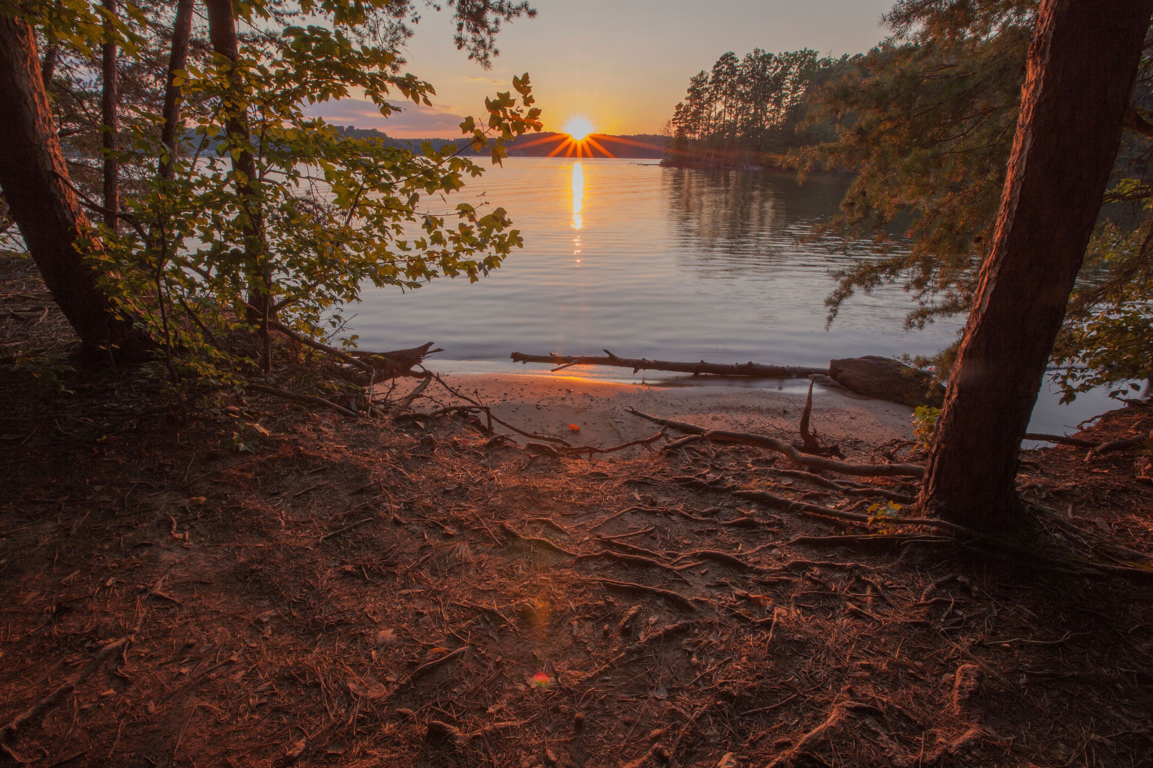 A sunset over a calm lake surrounded by trees.