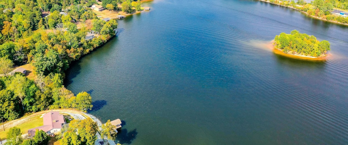 A large river with surrounding forested areas and a small island.