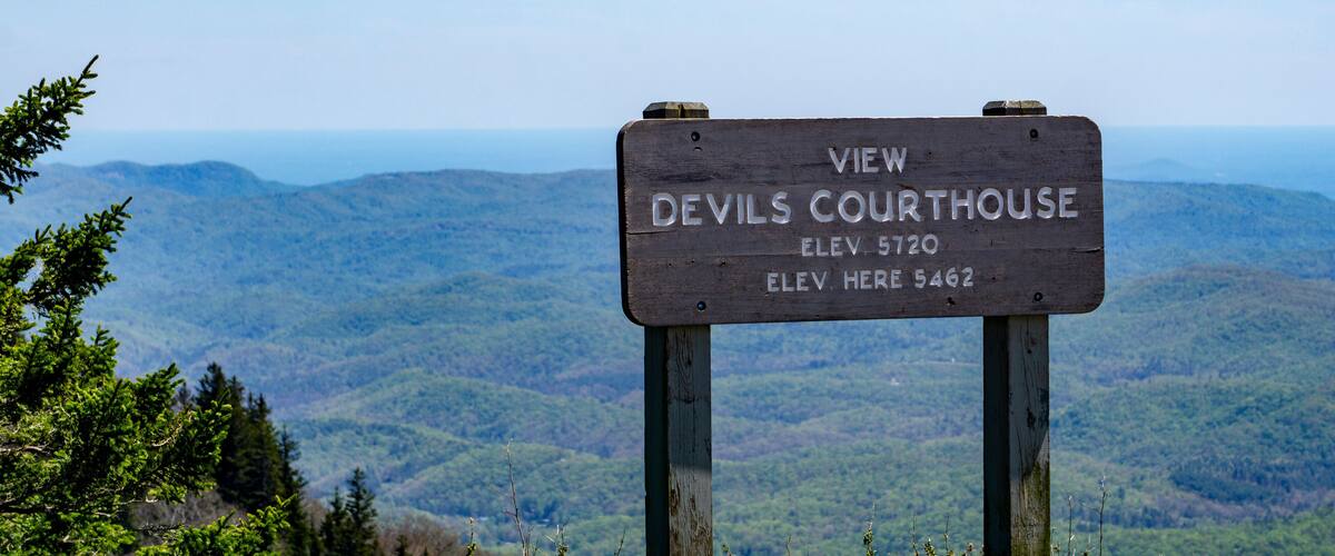 A sign indicating the view of Devils Courthouse with elevations 5720 and 5462.