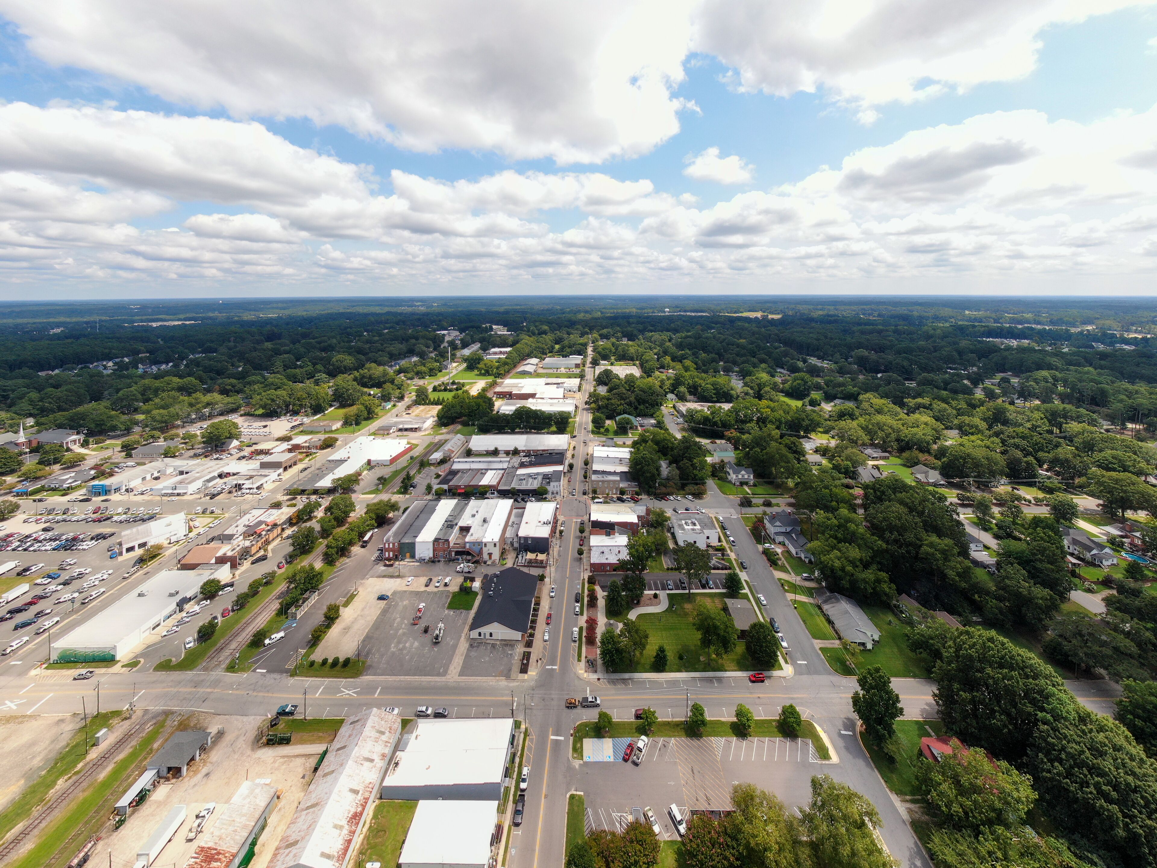 Sunny Daytime Drone Images of Wendell, North Carolina Featuring The Downtown Business District and The New Wendell Falls Development