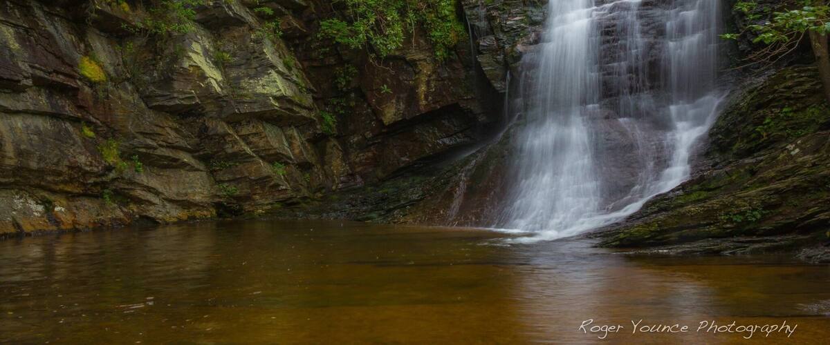 A waterfall cascading down a rocky cliff into a calm pool surrounded by lush greenery.