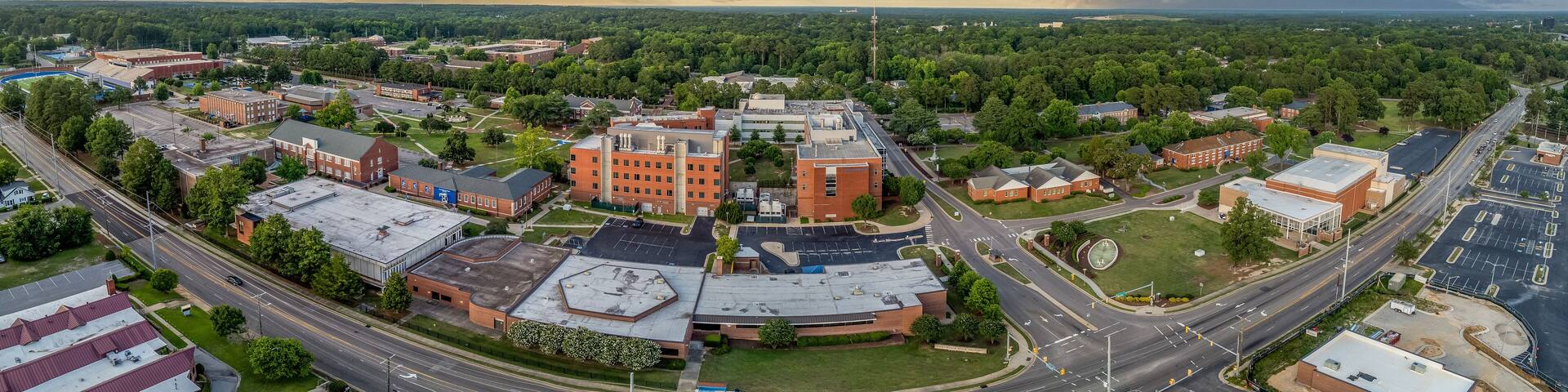 Aerial view of Fayetteville State University historically black college with dramatic sunset sky