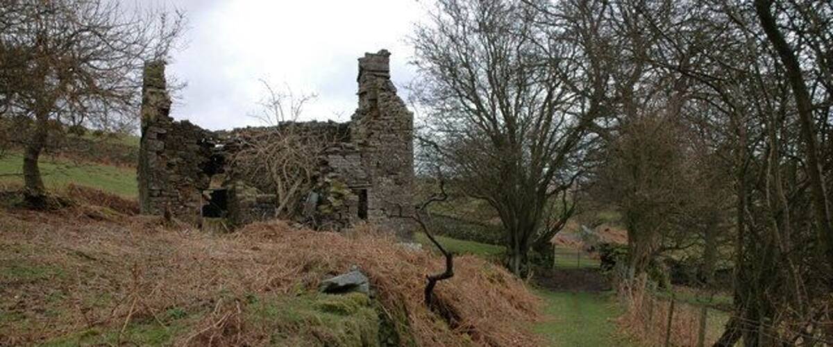 A stone ruin with overgrown vegetation and a narrow path leading through it.