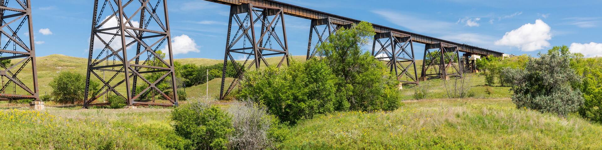 Railroad High Bridge / A long and tall railroad bridge reflecting in a river.