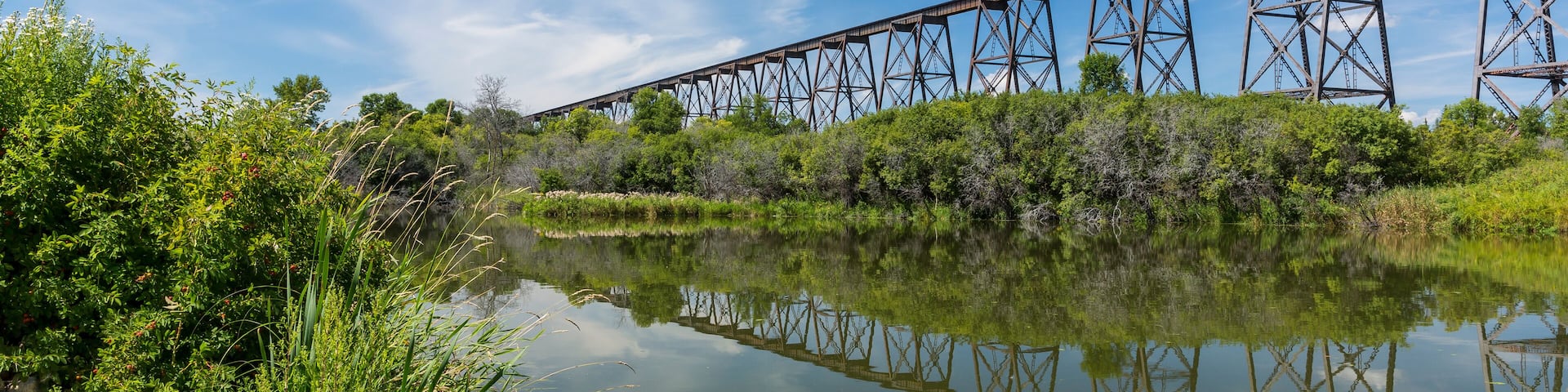 Railroad High Bridge / A long and tall railroad bridge reflecting in a river.