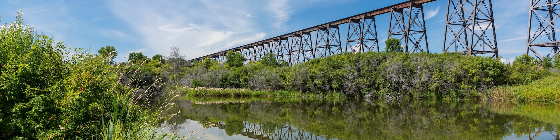 Railroad High Bridge / A long and tall railroad bridge reflecting in a river.