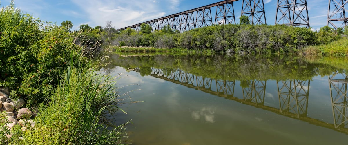 A steel bridge over a calm river, surrounded by lush greenery.