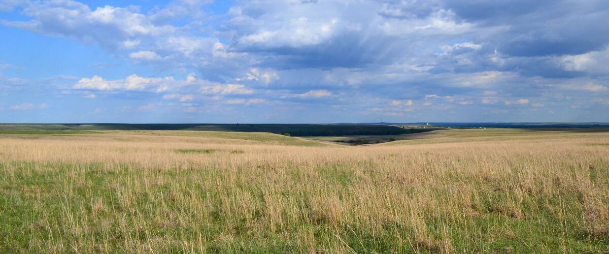 A vast open field with rolling hills under a partly cloudy sky.