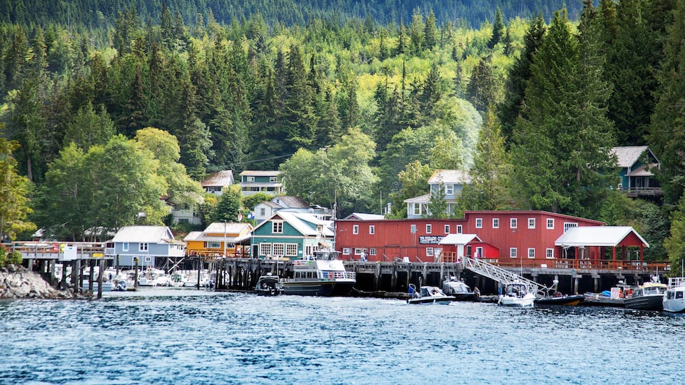 A coastal village with colorful houses and boats docked at the pier.