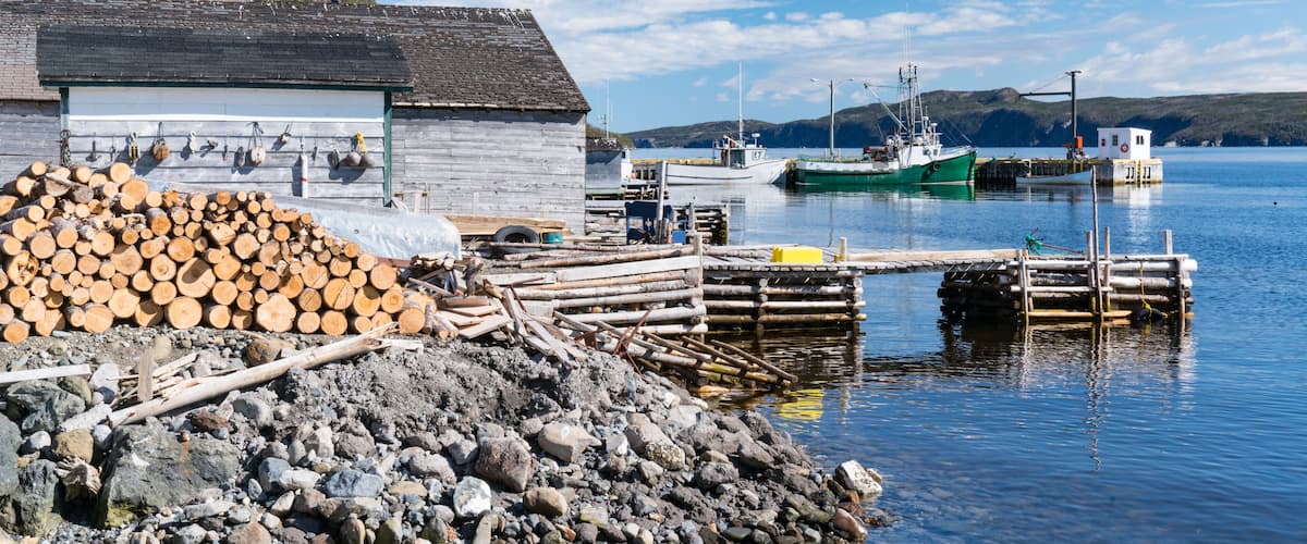 A harbor with boats, a wooden building, and a pile of logs.
