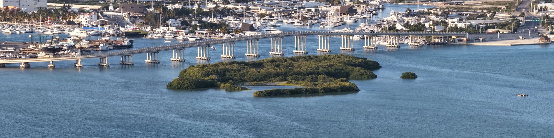Una ciudad costera con un puerto deportivo, un puente y una pequeña isla con vegetación densa.