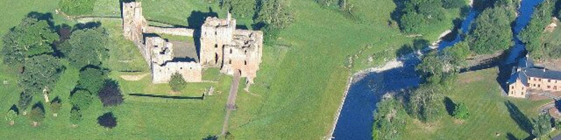 River Eamont at Brougham Castle, Cumbria near to Carleton, Cumbria, Great Britain. This view shows the waters of the River Eamont and River Lowther meeting at Brougham Castle.