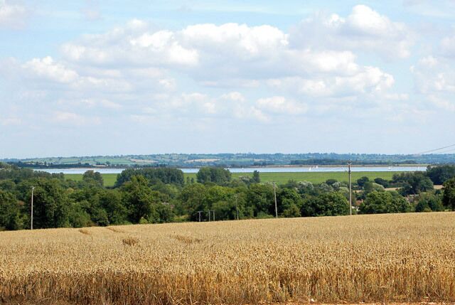 Looking southeast from Bourton-On-Dunsmore Wheat ripening east of Bourton with Draycote Water reservoir in the distance.
