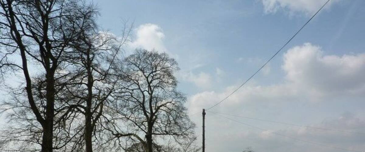 A rural road with houses, trees, and a clear sky.