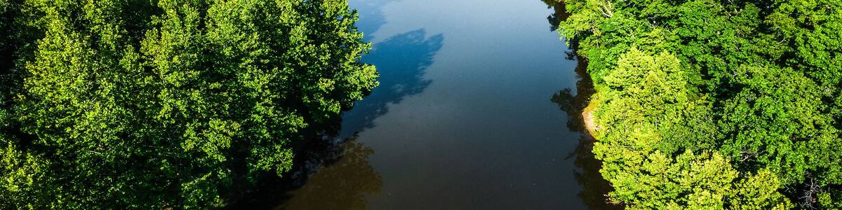 Birds-eye view of a beautiful small lake or pond in Innsbrook, Missouri on a summer day with water and green trees.