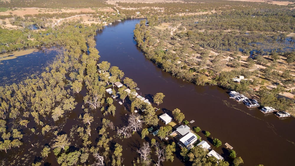 Oblique Aerial view of the Murray River at Morgan in South Australia in flood in December 2016