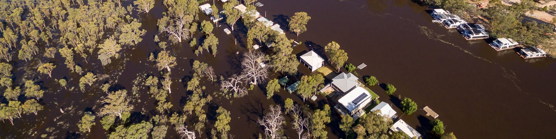 Oblique Aerial view of the Murray River at Morgan in South Australia in flood in December 2016