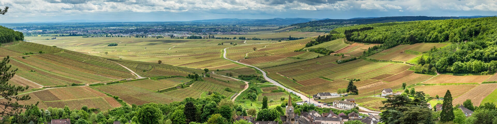 Panoramic view of a typical village in Burgundy, surrounded by vineyards
