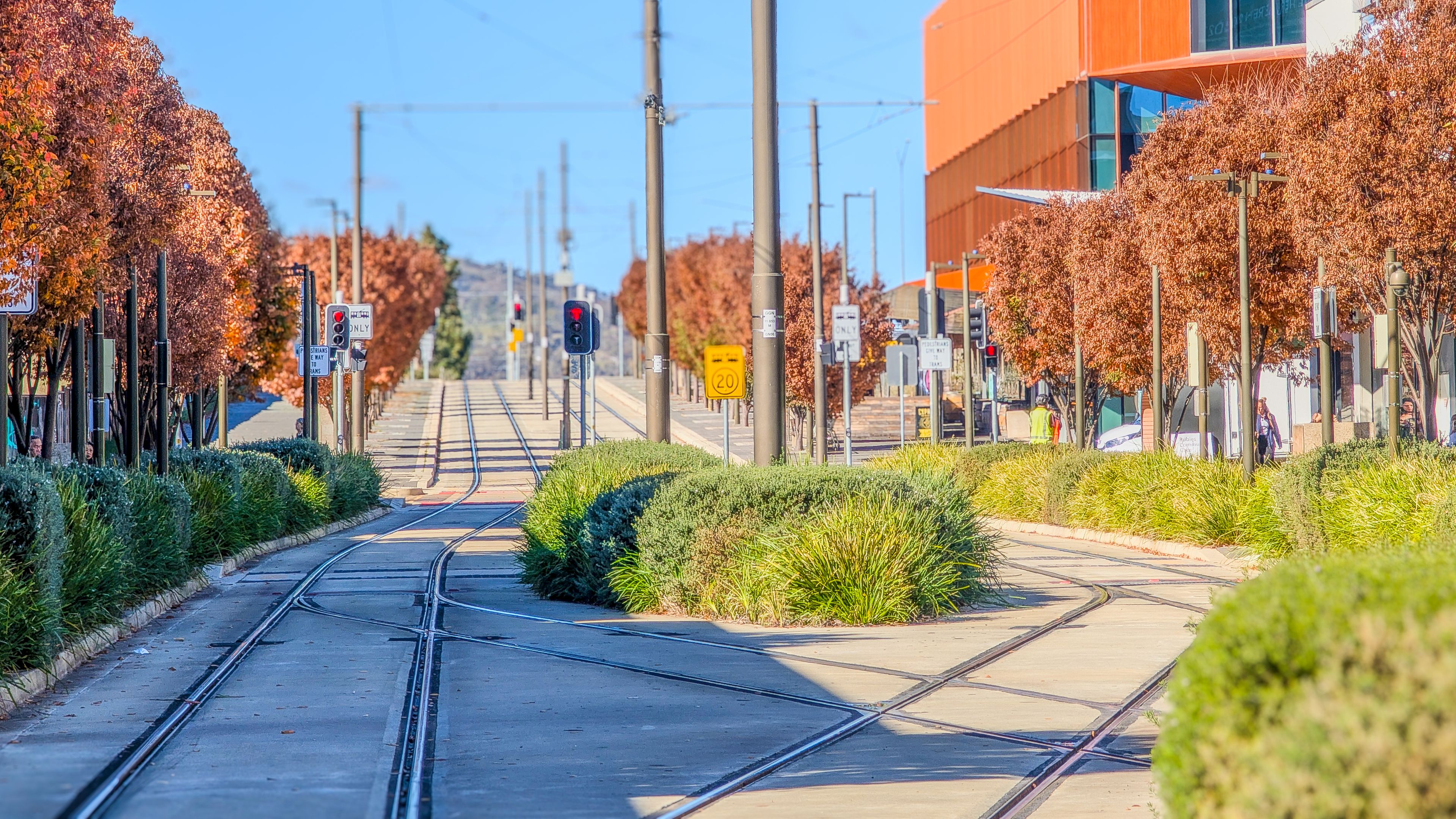 Tram tracks in Gungahlin Town Centre, Canberra, ACT, Australia.