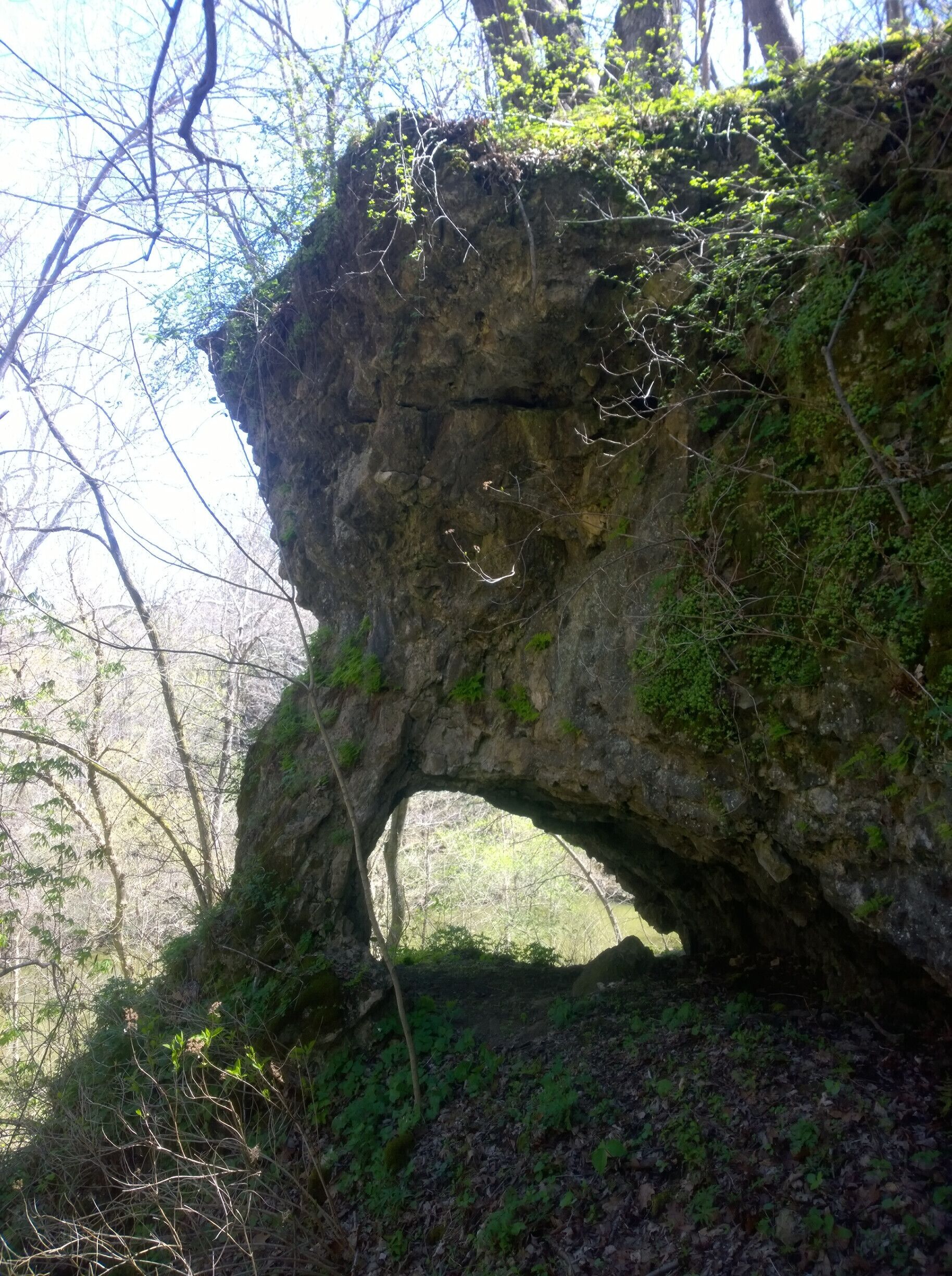 A natural rock arch has formed in the calcareous cliffs of Rocky Fork Gorge. 

The arch isn't permanent. The same forces of gravity, erosion, moisture, freezing/thawing that created the arch will continue working until the arch crumbles under its own weight. 