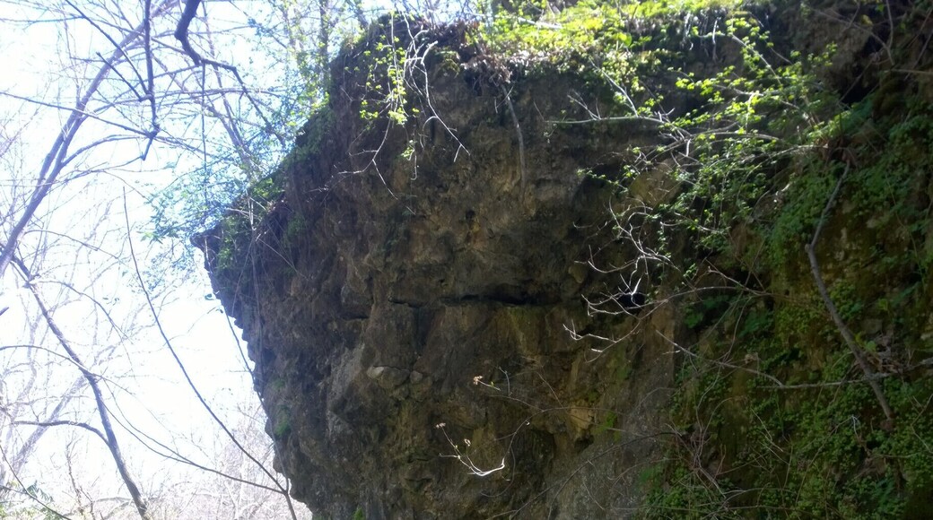 A natural rock arch has formed in the calcareous cliffs of Rocky Fork Gorge.
The arch isn't permanent. The same forces of gravity, erosion, moisture, freezing/thawing that created the arch will continue working until the arch crumbles under its own weight.