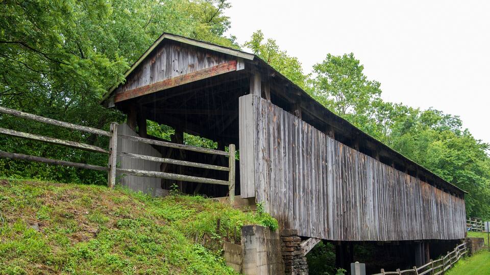 A rustic covered bridge with a wooden structure and a metal roof, surrounded by lush greenery and trees.