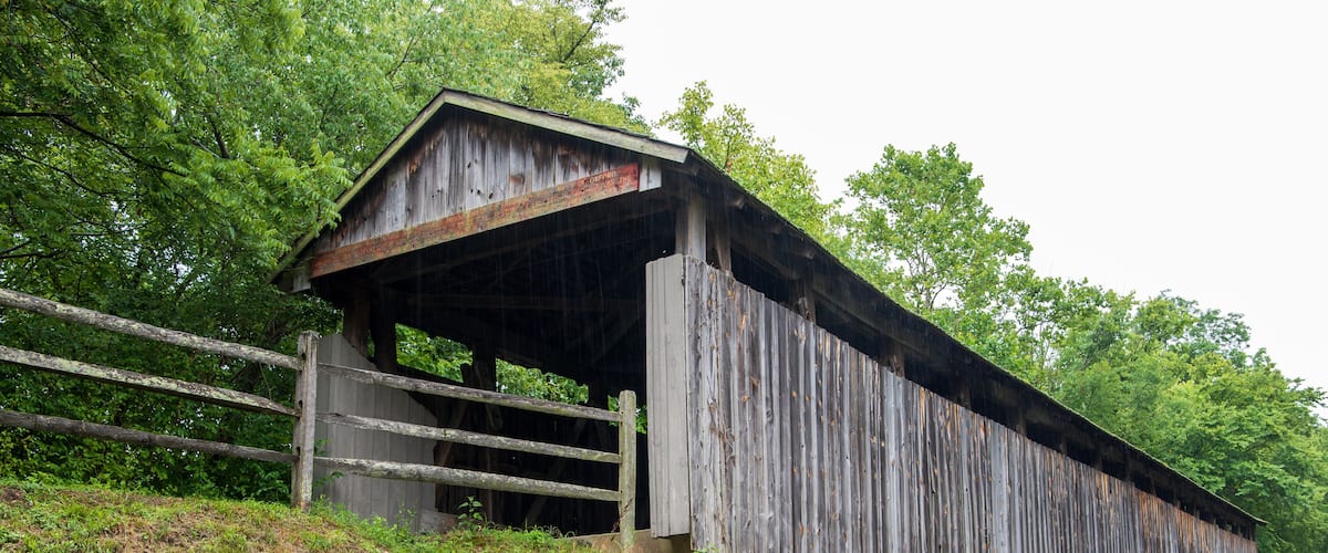 A rustic covered bridge with a wooden structure and a metal roof, surrounded by lush greenery and trees.
