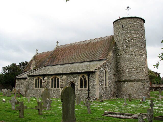 St Mary's church. St Mary's church has an Anglo-Saxon round tower with a lead cap. Both nave and chancel are of Early English (C13) origin but the church was extensively restored during the 18th and 19th centuries > 865869 -865872. However, there are a number of medieval survivals, such as the fragments of medieval glass in the porch windows, reset in windows below the tower and also in the west window of the north aisle > 865874 - 865876. The greatest treasure of the church is the rare Norman 'seasonal' font, made from Barnack stone from Rutland; the 12 carved panels show a calendar of work for the farming year > 865878 - 865880 each representing a typical activity of the respective month, with a frieze of foliage and lions above. The church is open every day. For more information see: http://www.norfolkchurches.co.uk/burnhamdeepdale/burnhamdeepdale.htm St Mary's is one on a trail of four round towered churches in north-west Norfolk, inviting to explore different parts of the Norfolk countryside in search of round towered churches and their links with the North Sea Viking Legacy.
