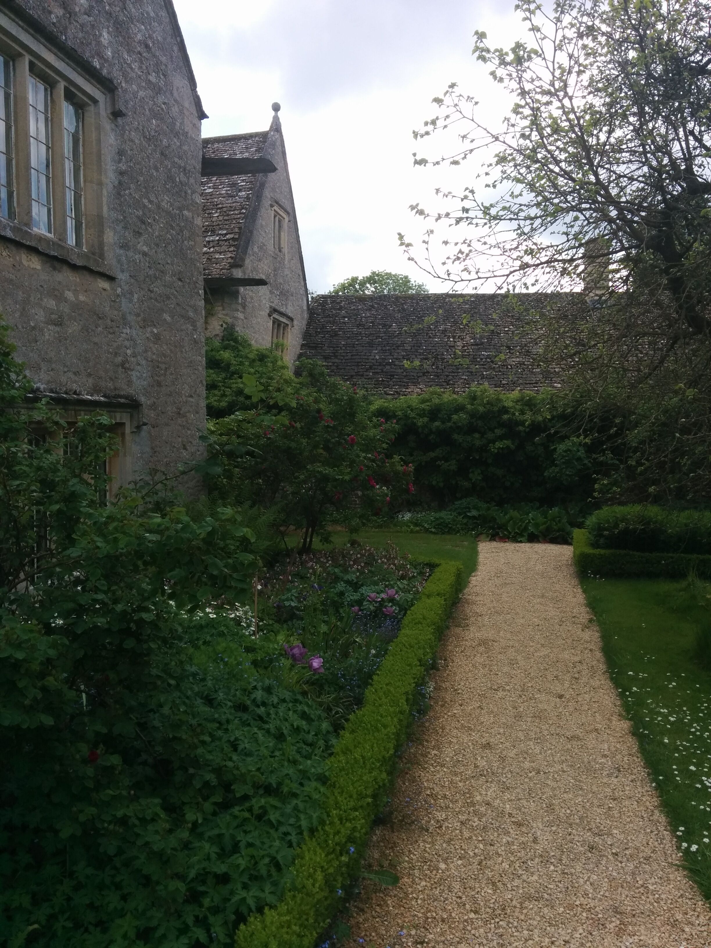 A gravel path leading through a garden with various plants and a stone building.