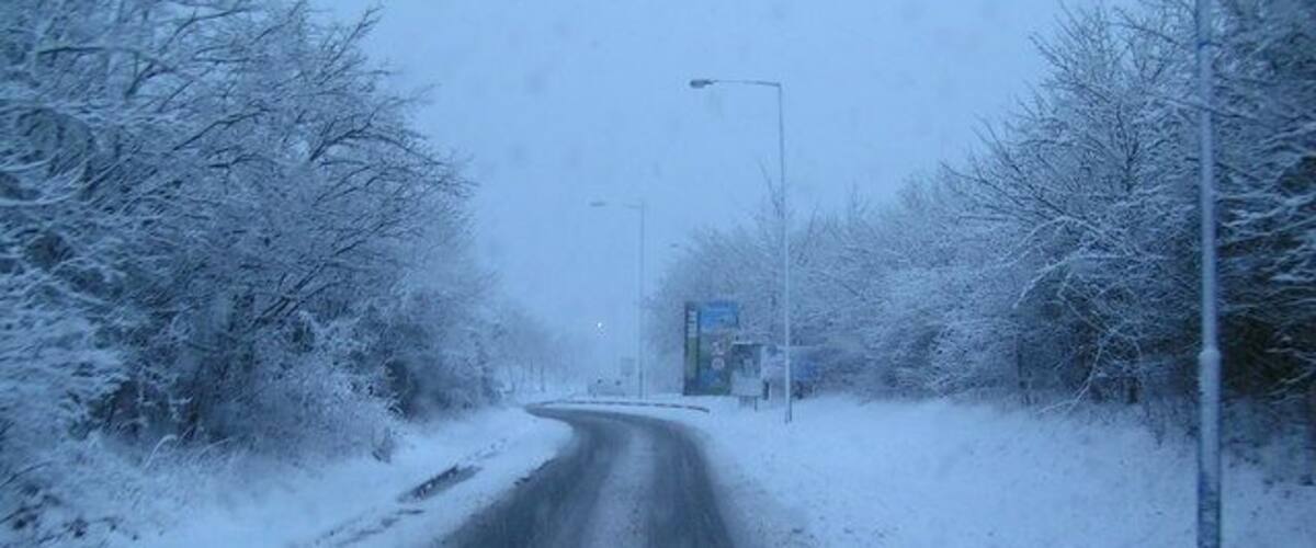 A snow-covered road flanked by trees with a streetlight in the distance.