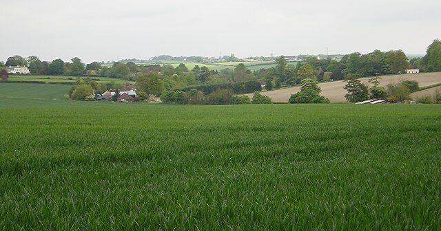 South Warnborough from Westers Lane. About half a mile south of South Warnborough, Westers Lane (a green lane) leaves the B3349 for Humbly Grove. This is taken from the lane, looking north north-east and showing South Warnborough in the middleground, the masts of RAF Odiham in the distance. In May, the orchids beside the lane are spectacular.