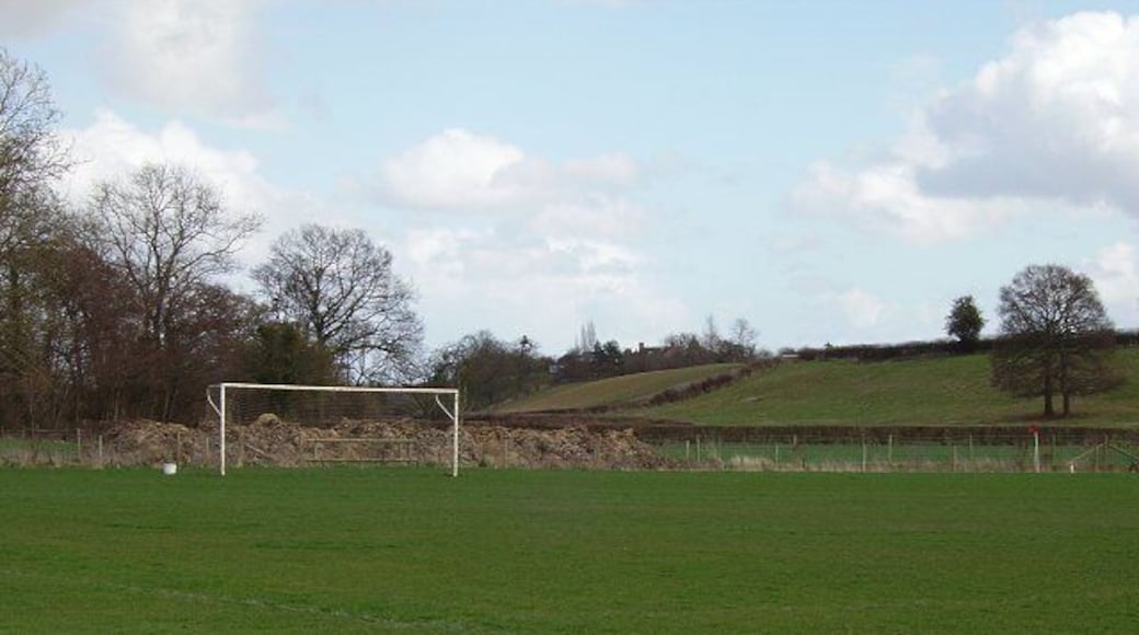 Aynall Lane. Home of Wooferton FC. There are now two pitches, one is in SO5368 and this one belongs here with a view to farmland rising from the Teme Valley. Amusing homophones apart, modern maps spell it "Haynall" but like Spanish, Herefordian English does not do initial "H"s....