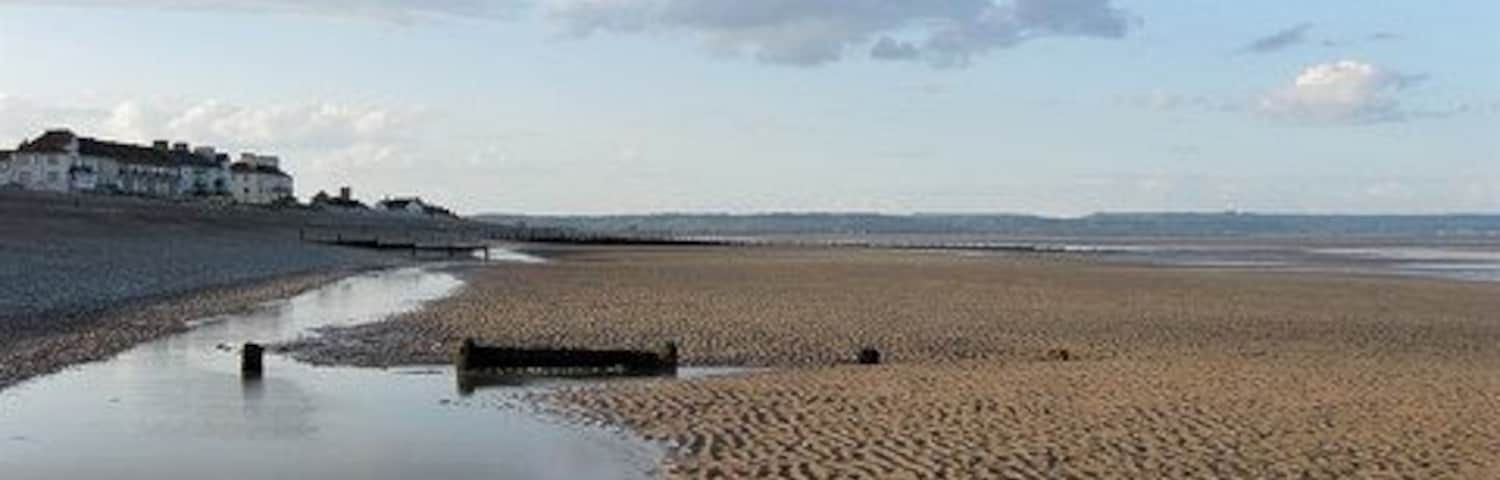 Romney Sands Looking back up the sandy beach towards Littlestone which has been patterned by the motion of the tide and caught in the late evening sun.