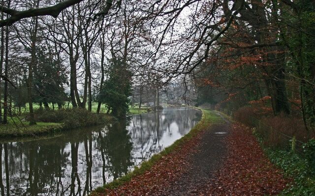 Lancaster Canal At Ellel Grange Bridge The Lancaster Canal and Tow Path just South of Ellel Grange Bridge and adjacent lake at Cragg Hall Farm.