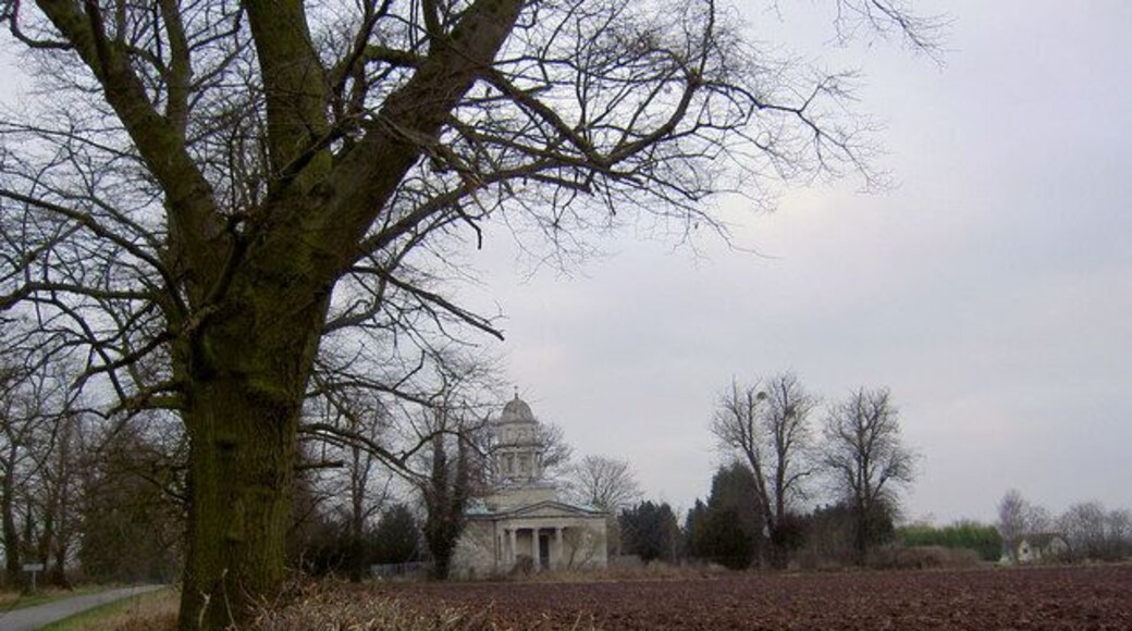 View west across a ploughed field to Milton Mausoleum, Milton, Nottinghamshire