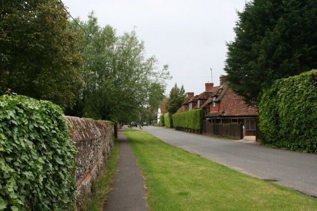 A narrow residential street lined with houses and hedges.