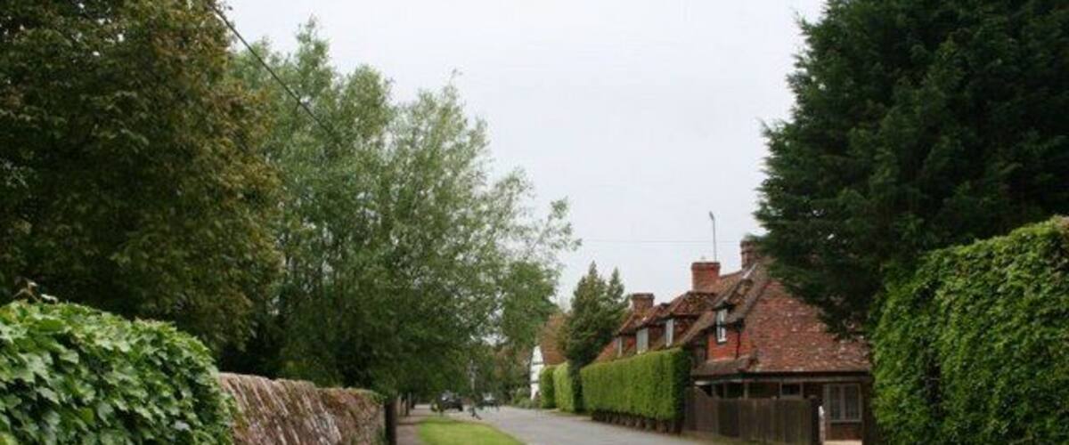 A narrow residential street lined with houses and hedges.