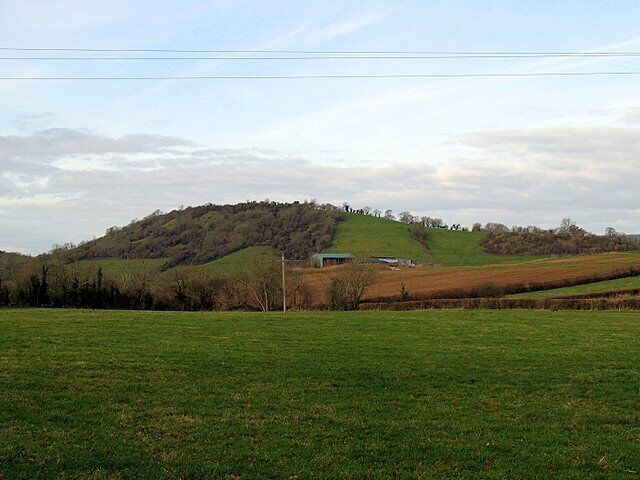 A green field with a hill in the background and a building on top.