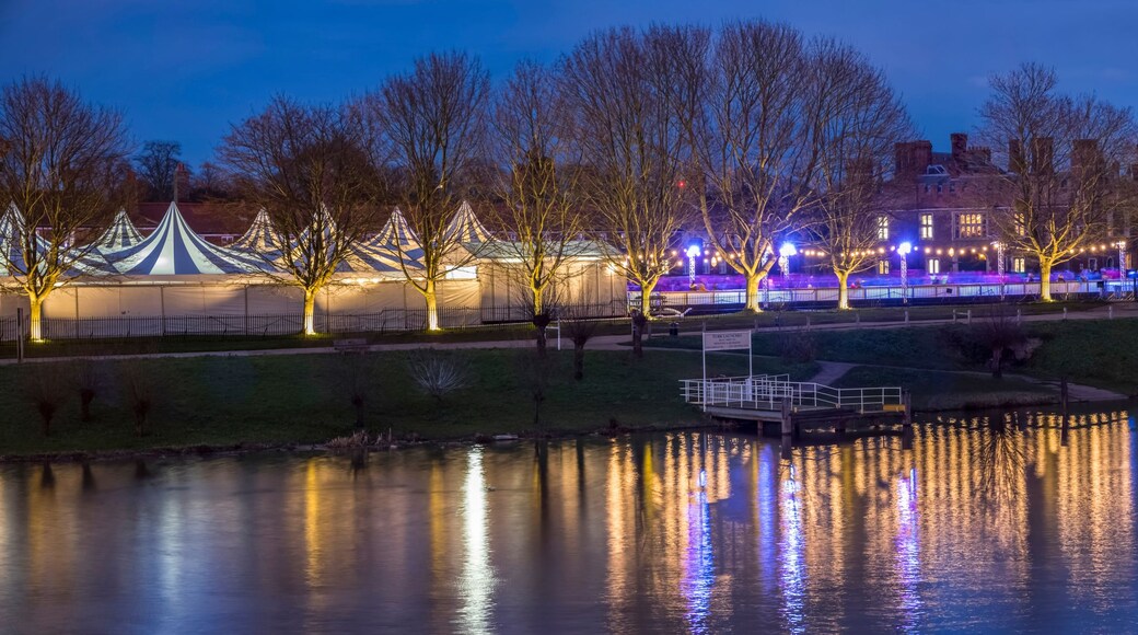 Ein Nachtblick auf einen Park mit einem See, Zelten und einem schlossartigen Gebäude, das in bunten Lichtern erstrahlt.