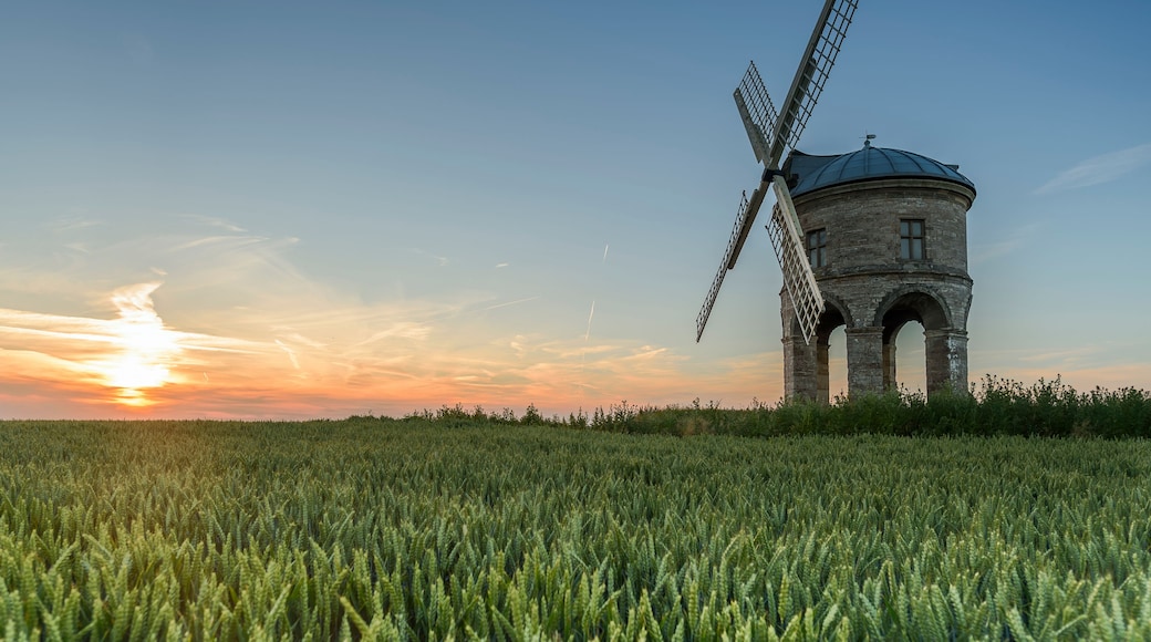 A windmill in a field with a sunset in the background.