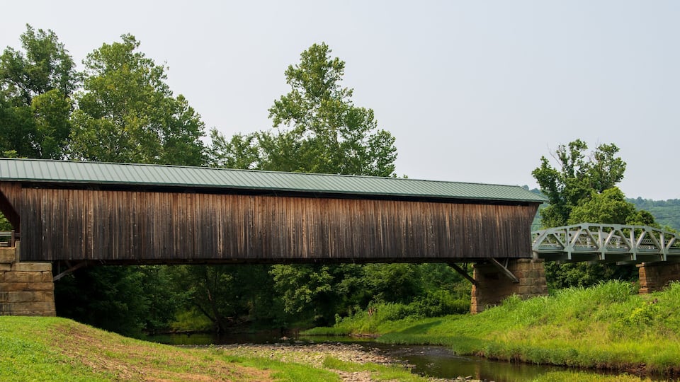 A wooden covered bridge over a river, surrounded by lush greenery and trees.