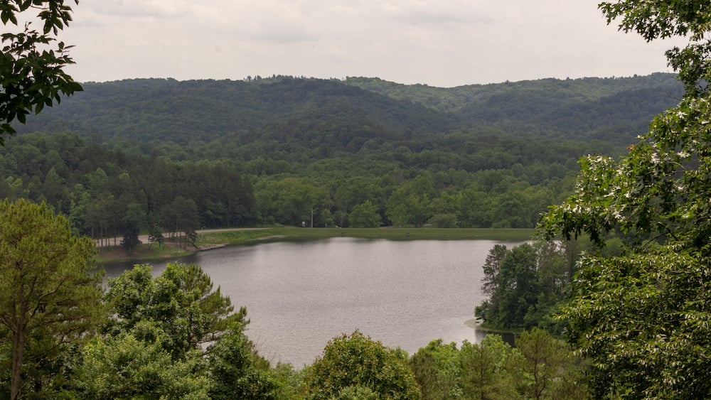 A lake surrounded by dense forest and rolling hills.