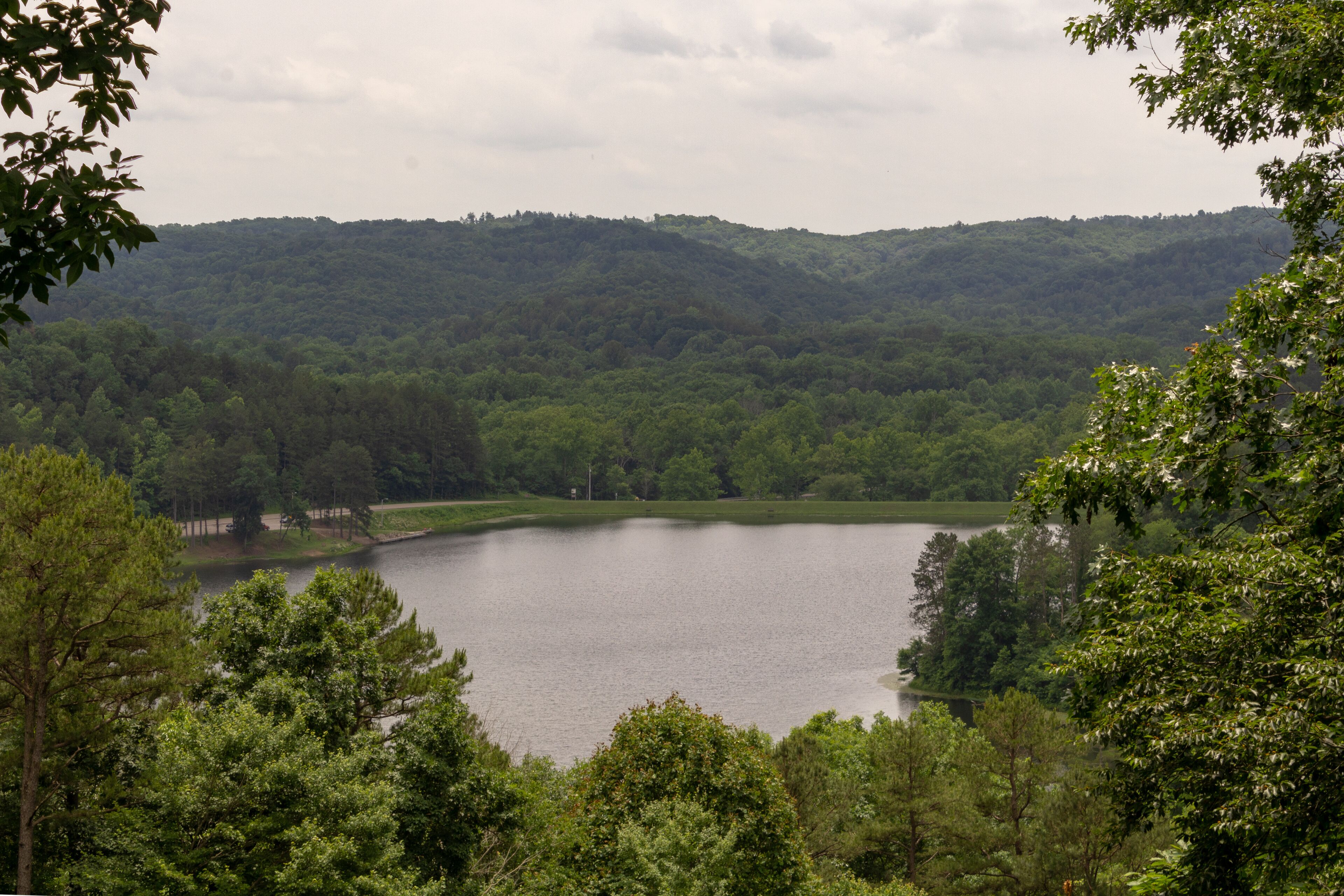 A lake surrounded by dense forest and rolling hills.
