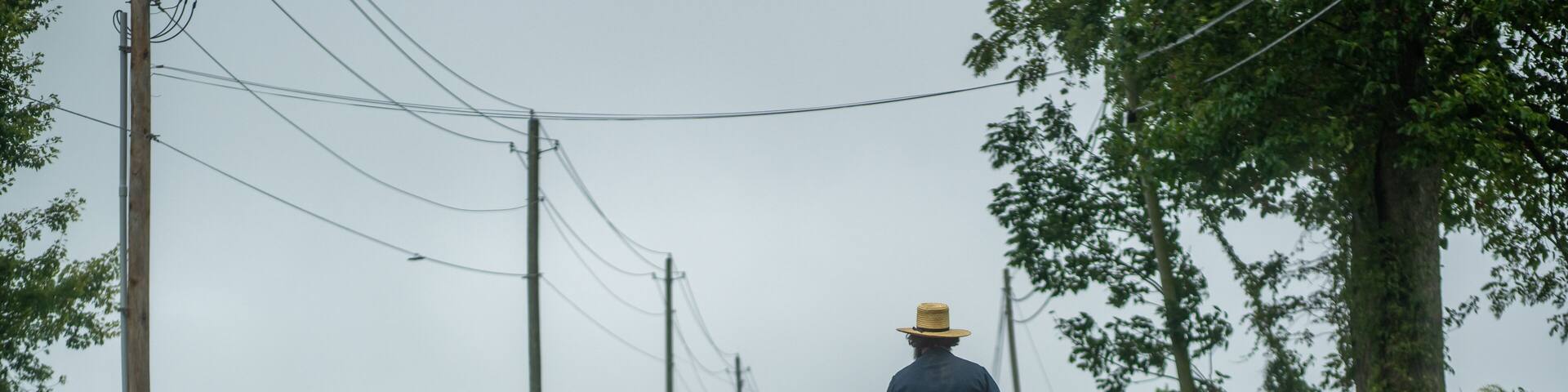 Amish man driving a horse drawn wagon on the road in Holmes county, Ohio, near Mt. Hope