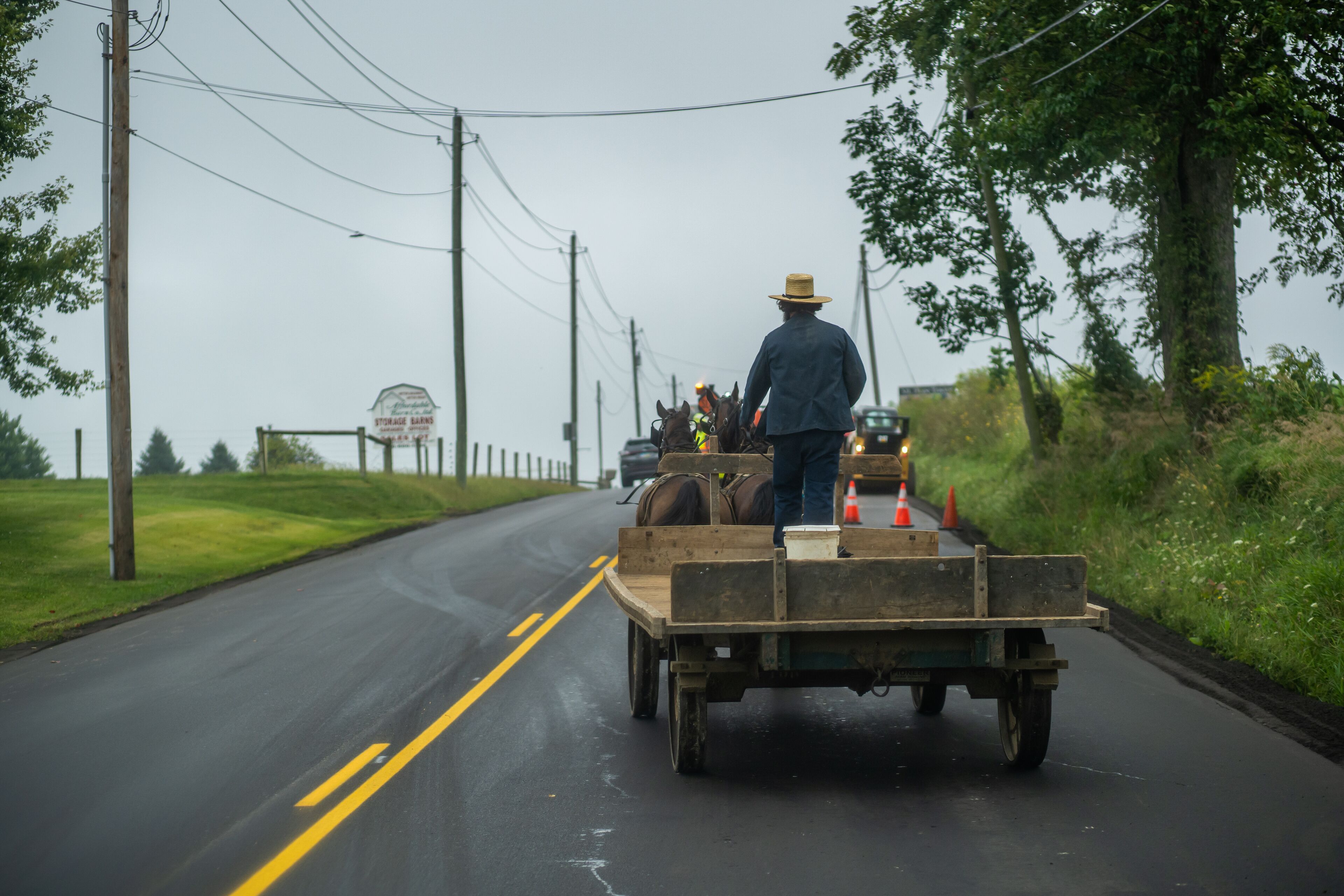 A man in a cowboy hat driving a horse-drawn cart on a rural road.