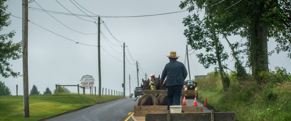 A man in a cowboy hat driving a horse-drawn cart on a rural road.