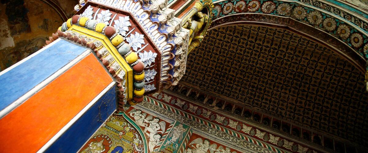 A richly decorated interior with intricate patterns and vibrant colors.