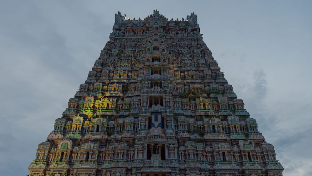 Illuminated facade of Rajagopalaswamy Temple in Mannargudi in the evening