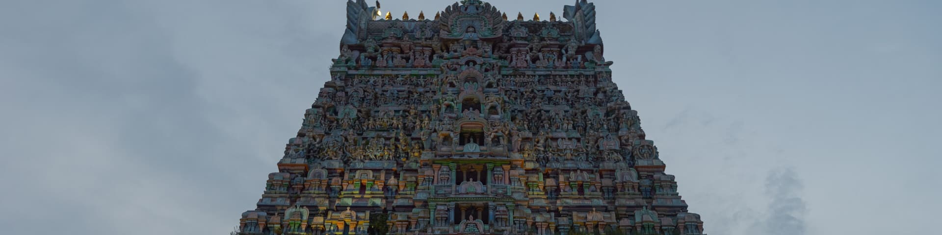 Illuminated facade of Rajagopalaswamy Temple in Mannargudi in the evening